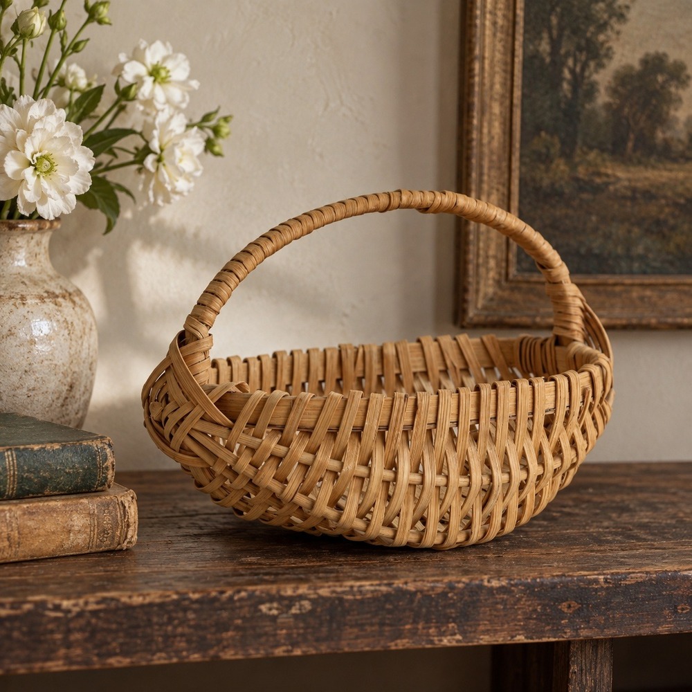 Vintage Small Woven Basket with Handle, Oval Catchall Storage